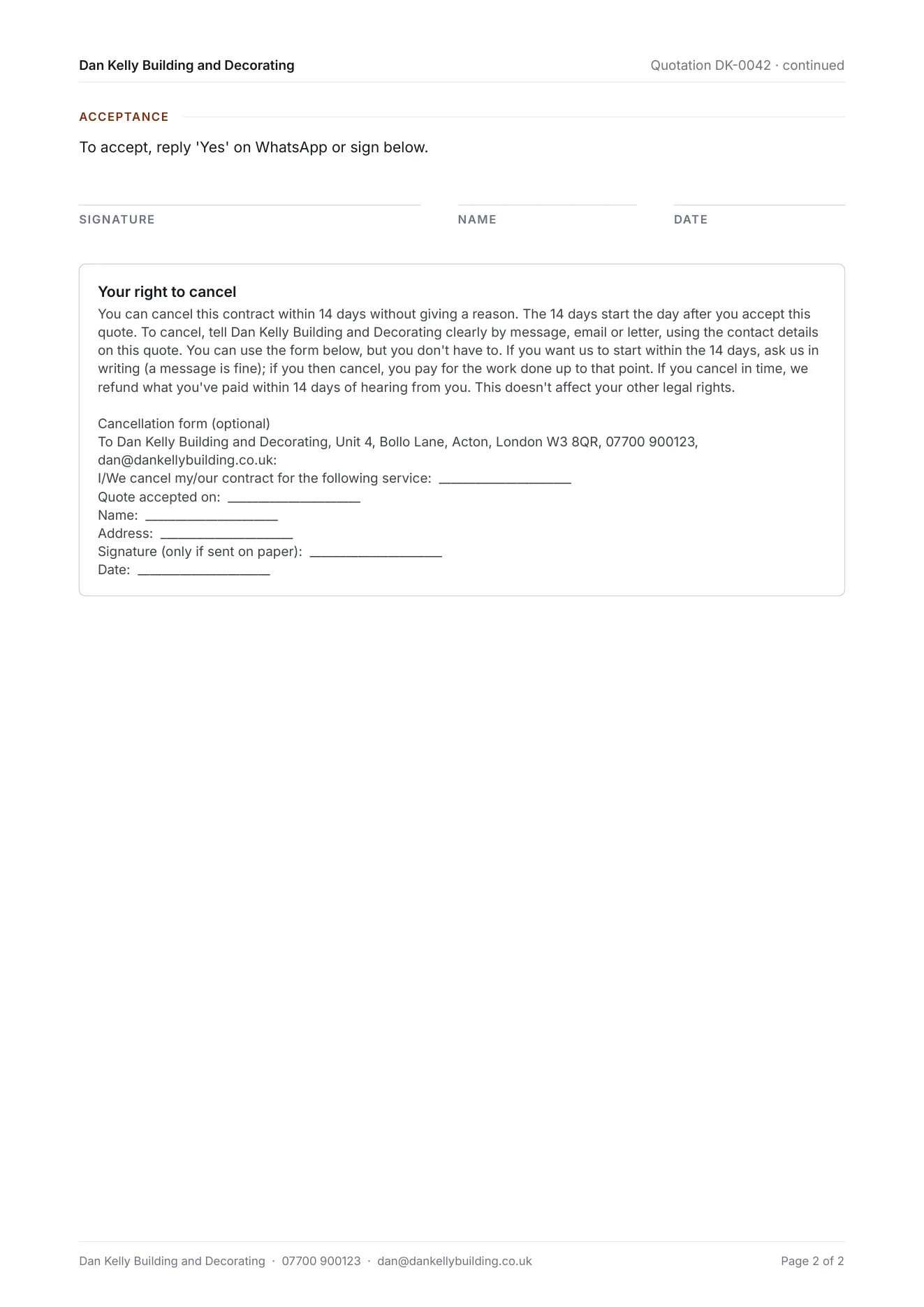 Page 2: acceptance and signature lines, plus the 14-day right-to-cancel notice and cancellation form.